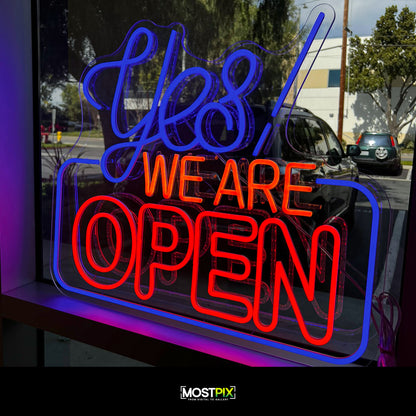 YES WE ARE OPEN" LED Neon Flex Sign with Remote – 25” x 23”