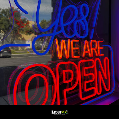 YES WE ARE OPEN" LED Neon Flex Sign with Remote – 25” x 23”