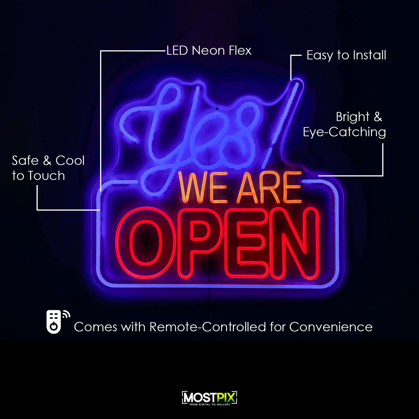 YES WE ARE OPEN" LED Neon Flex Sign with Remote – 25” x 23”