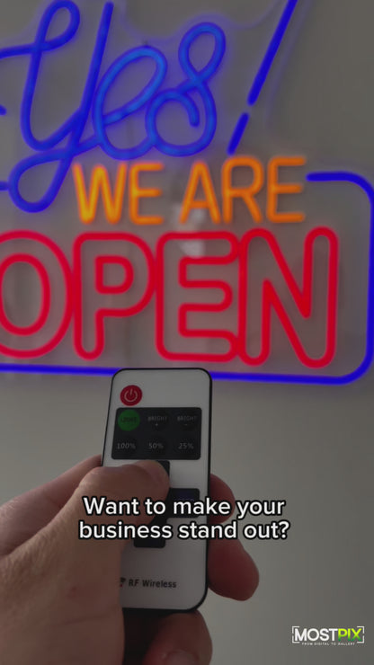 YES WE ARE OPEN" LED Neon Flex Sign with Remote – 25” x 23”